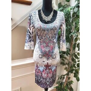 Love J Women's Multicolor Polyester Scoop Neck Long Sleeve Knee Length Dress S